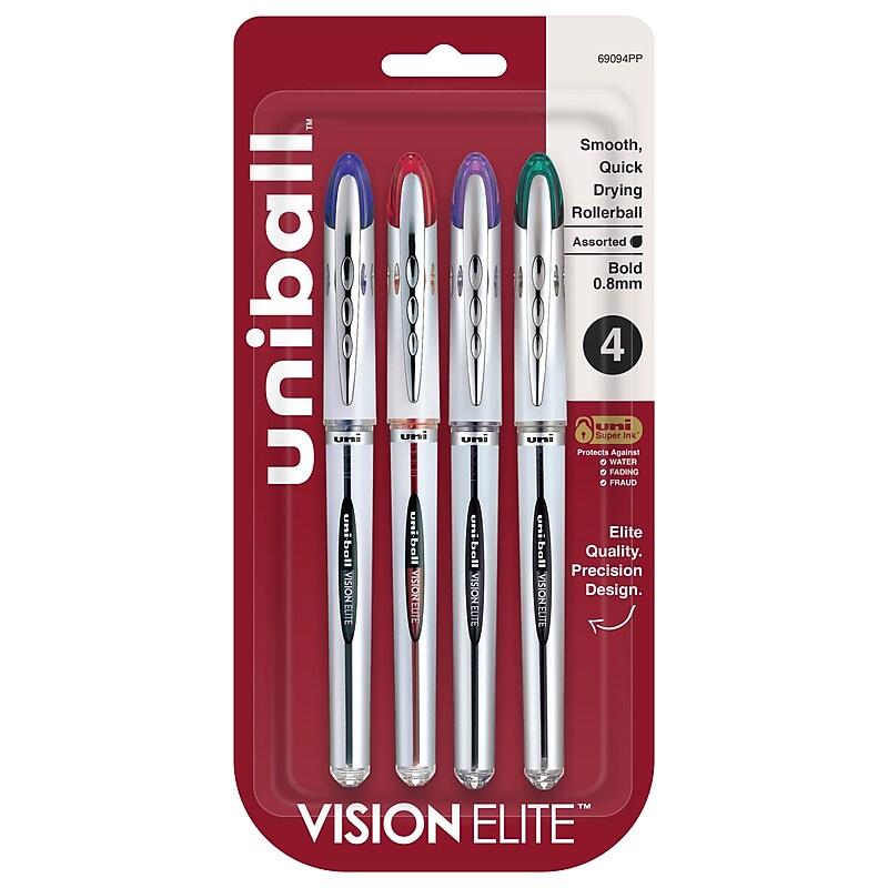 uni-ball Vision Elite Roller Ball Pens, Bold Point, 0.8 mm, Assorted Ink, 4/Pack (69094PP) image 1