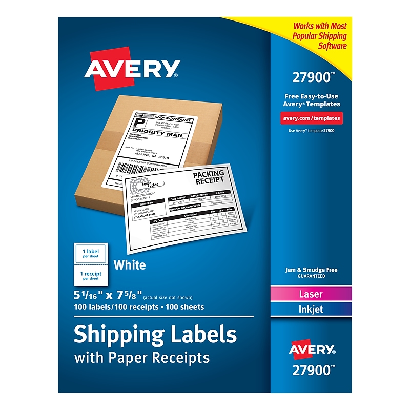 Avery Laser/Inkjet Shipping Labels with Paper Receipts, 5-1/16" x 7-5/8", White, 100 Labels/Box (27900) image 1