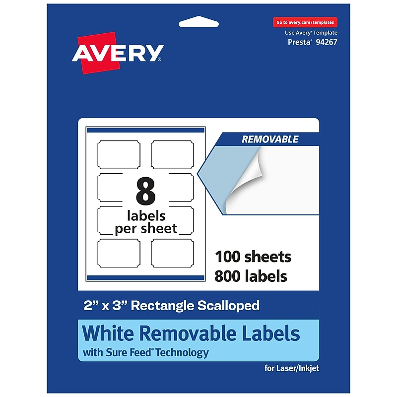 Avery Laser/Inkjet Multipurpose Rectangle Scalloped Labels, 2" x 3", White, 800 Labels/Box (94267) image 1