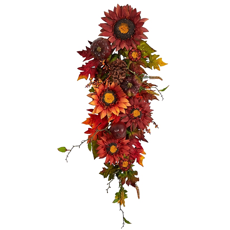 Nearly Natural 35" Autumn Sunflower, Pumpkin and Berries Artificial Teardrop (W1237) image 1