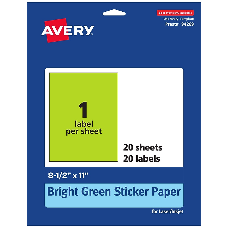 Avery Printable Rectangle Multipurpose Labels, 8.5" x 11", Bright Green, 20/Pack (94269) image 1