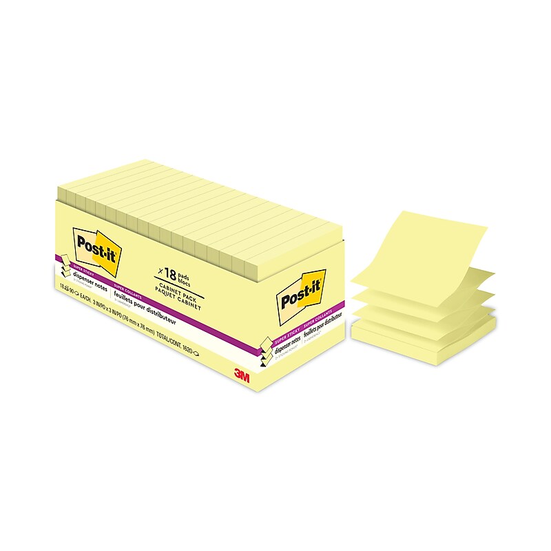 Post-it® Pop-up Super Sticky Dispenser Notes, Cabinet Pack, 3" x 3", Canary Yellow, 90 Sheets/Pad, 18 Pads/Pack image 1