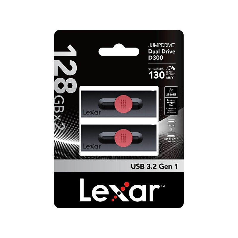 Lexar JumpDrive D300 Dual 128GB USB 3.2 Gen 1 Type-C/Type-A Flash Drive, Black/Red, 2/Pack (LJDD300128G-B2BNU) image 1