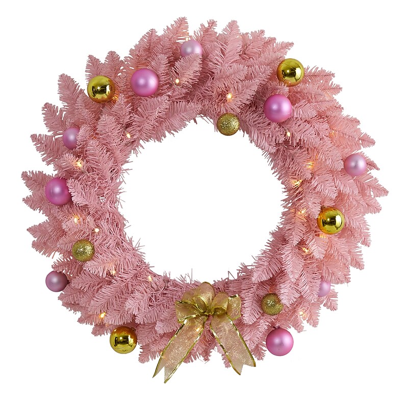 Nearly Natural 24-in Pink Artificial Christmas Wreath with 35 LED Lights and Ornaments (W1119) image 1