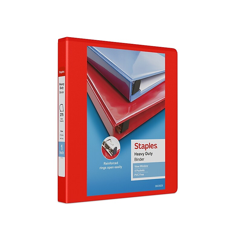 Staples Heavy Duty 1" 3-Ring View Binder, D-Ring, Red (ST56295-CC) image 1