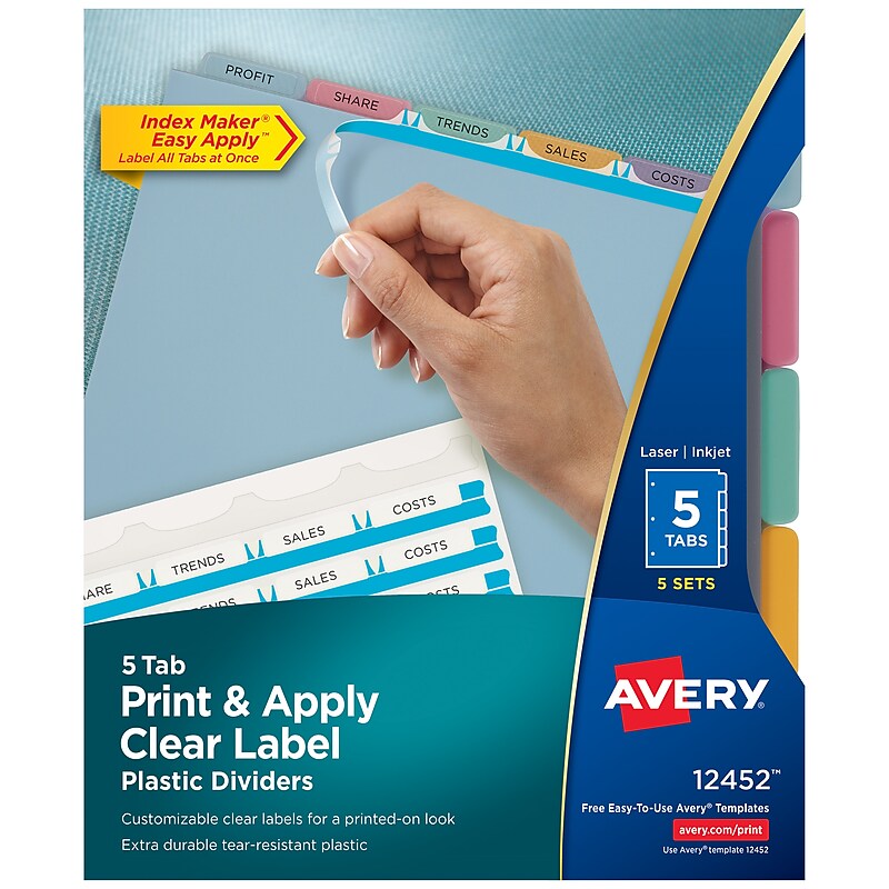 Avery Index Maker Plastic Dividers with Print & Apply Label Sheets, 5 Tabs, Multicolor, 5 Sets/Pack (12452) image 1