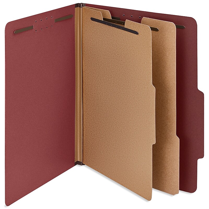 Staples 100% Recycled Heavy Duty Pressboard Classification Folder, 2-Dividers, 2" Expansion, Letter Size, Red, 10/Box (ST62548) image 1