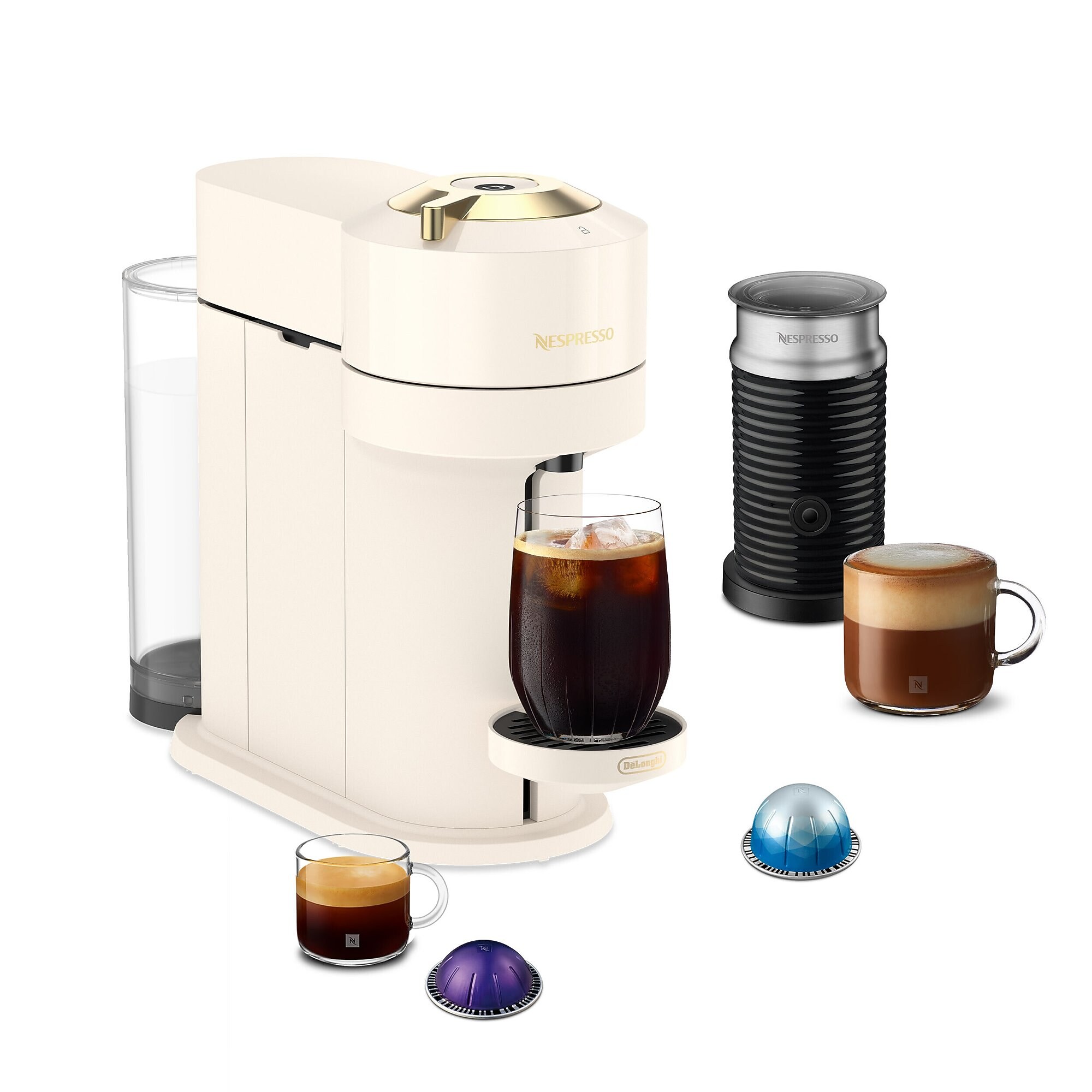 Nespresso Vertuo Next Premium Coffee & Espresso Maker with Aeroccino Milk Frother, Creamy White Gold (ENV120WGA) Simolary simolary.com