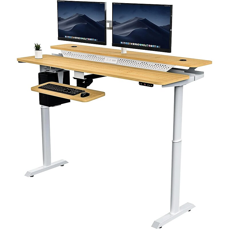 VersaDesk PowerLift Split-Level 72"W Electric Rectangular Adjustable Standing Desk, Maple/White (PL2SD7230-WM) image 1
