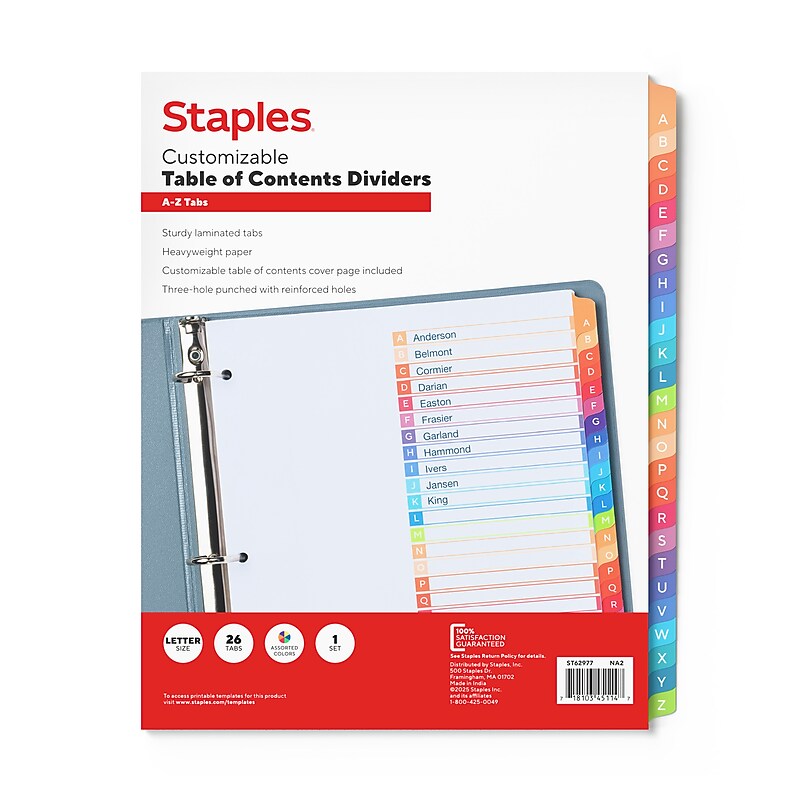 Staples Customizable Table of Contents A-Z Dividers, 26-Tabs, Multicolor (ST62977) image 1