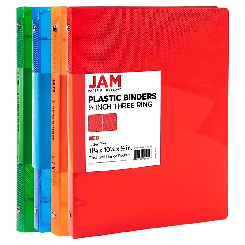 JAM Paper 1/2" 3-Ring Flexible Poly Binders, Assorted Colors, 4/Pack (PB75237ASSRT) image 1