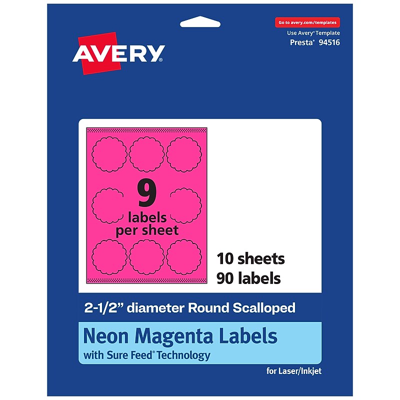 Avery Round Scalloped Laser/Inkjet Multipurpose Labels, 2.5" Dia, Neon Magenta (90/Pack) image 1