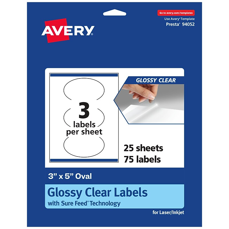 Avery Laser/Inkjet Multipurpose Oval Labels, 5" Dia, Glossy Clear, 75/Pack (94052) image 1