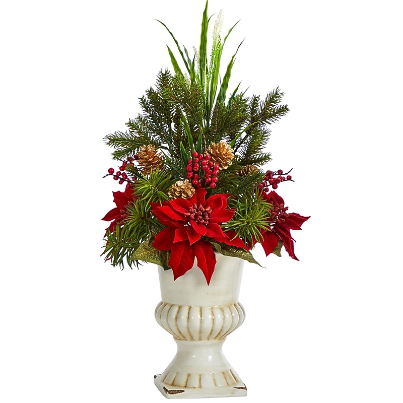 Nearly Natural Artificial Poinsettia, Grass and Succulent Arrangement in White Urn, 28" (A1392) image 1