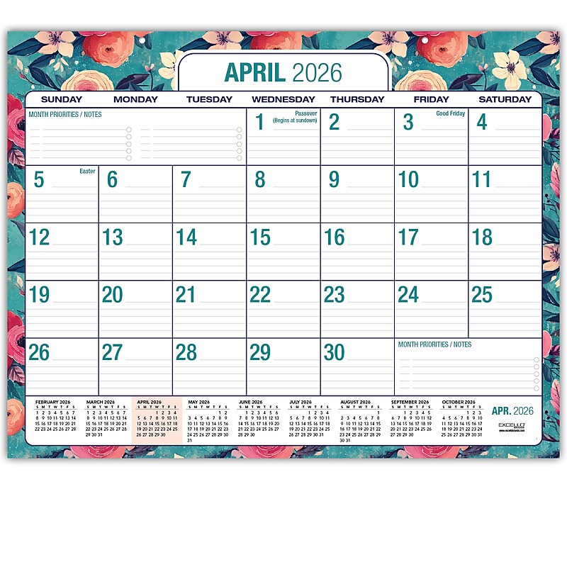 2026-2027 Excello Brands Large Print  22" x 17" Academic Monthly Desk Pad Calendar, Teal Floral (NAY27-2217DP-17) image 1