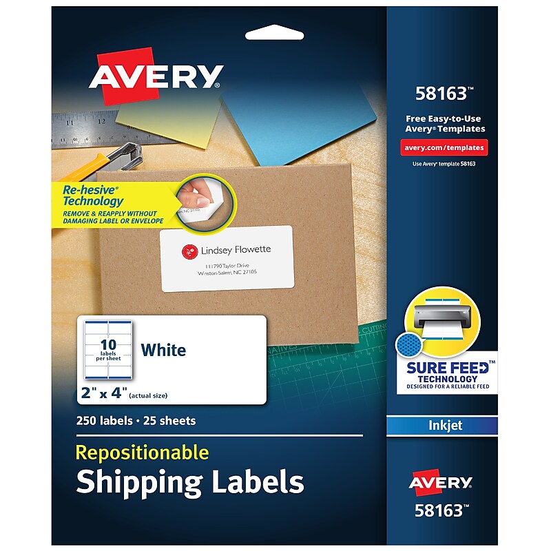 Avery Repositionable Inkjet Shipping Labels, 2" x 4", White, 250 Labels/Pack (58163) image 1