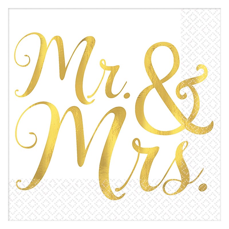 Party City "Mr. & Mrs." Beverage Napkin, 2-Ply, White/Gold, 16 Napkins/Pack (AM500033) image 1
