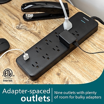 Philips Adapter Spaced 9-Outlet Surge Protector with USB Charging, 2400J, 6 ft. Braided Cord, Black (SPP3983B/37-T1)` Sansujyuku sansujyuku.com