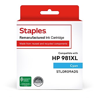 Staples Remanufactured Cyan High Yield Ink Cartridge Replacement for HP 981X (TRL0R09ADS/STL0R09ADS)