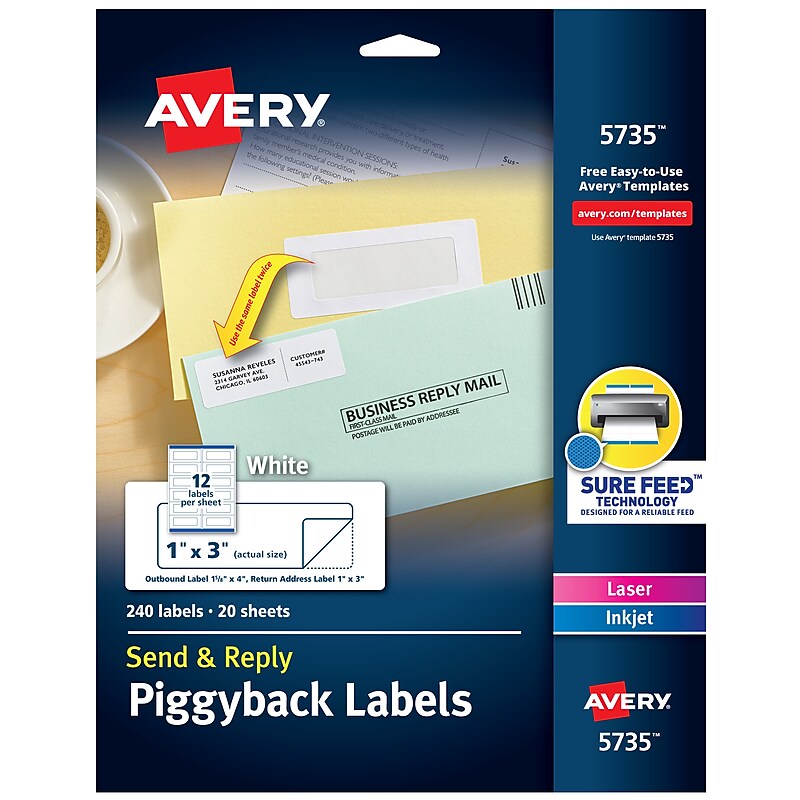 Avery Send & Reply Piggyback Laser/Inkjet Mailing Labels, 1-5/8" x 4" Outer, 1" x 3" Inner, 240 Labels/Pack (5735) image 1