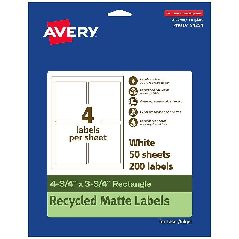 Avery EcoFriendly Rectangle Multipurpose Labels, 4-3/4" x 3-3/4", White, 200/Box (94254) image 1