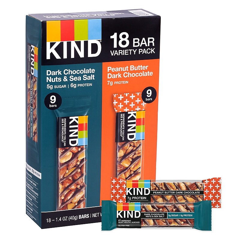 KIND Dark Chocolate Nuts & Sea Salt and Peanut Butter Dark Chocolate Variety Pack, 1.4 oz., 18/Pack (220-02414) image 1
