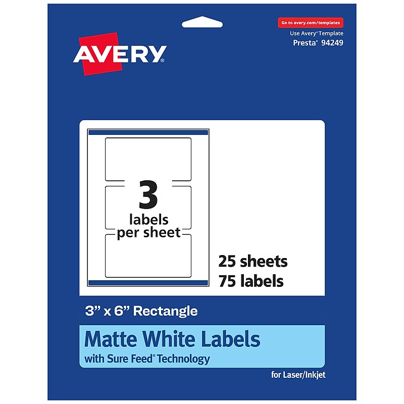 Avery Laser/Inkjet Rectangle Multipurpose Labels, 3" x 6", White, 75 Labels/Pack (94249) image 1