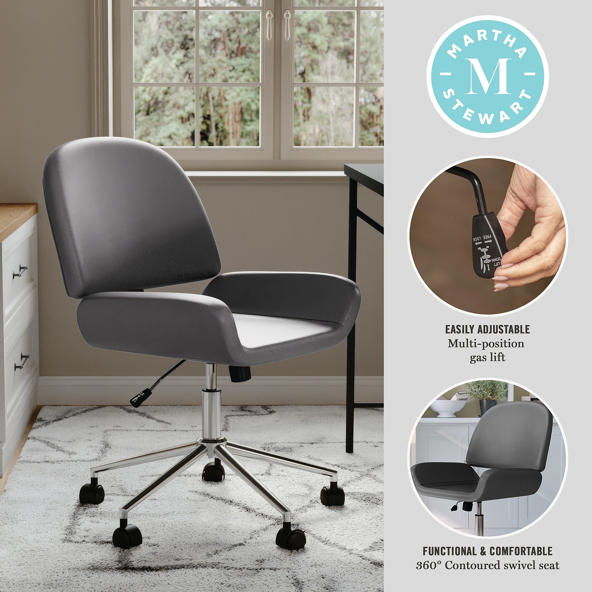Martha Stewart Tyla Armless Faux Leather Swivel Executive Chair, Gray/Polished Nickel (CH2209215GY) Sansujyuku sansujyuku.com