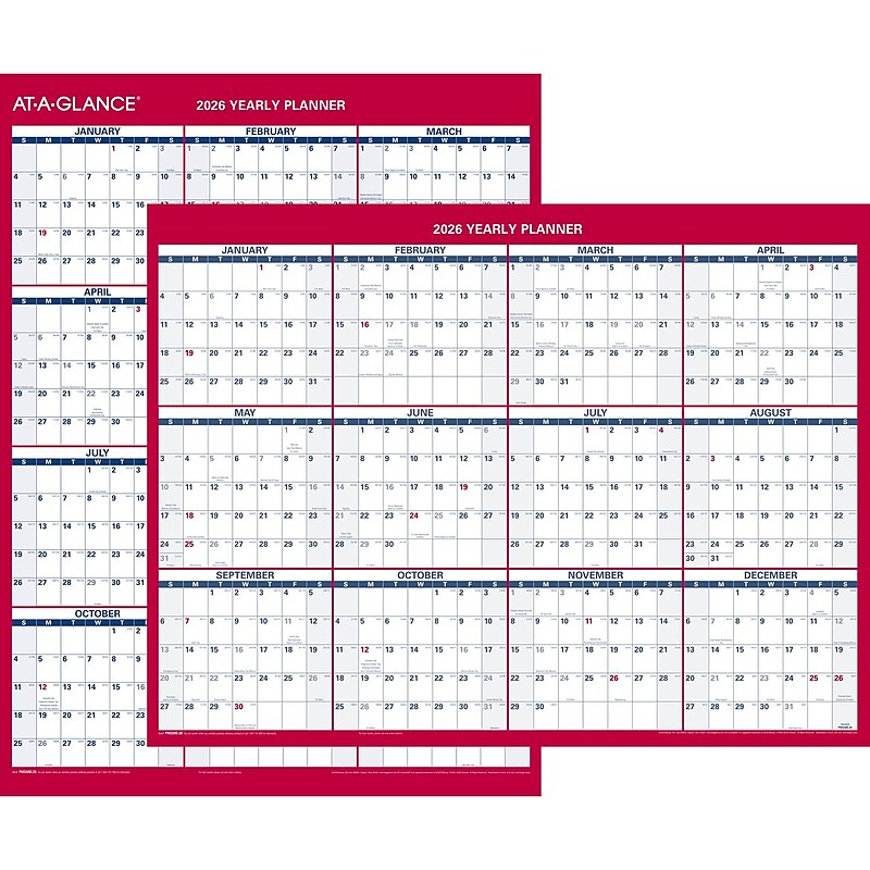 2026 AT-A-GLANCE 16" x 12" Yearly Wet-Erase Wall Calendar, Reversible, White/Red (PM330B-28-26) image 1