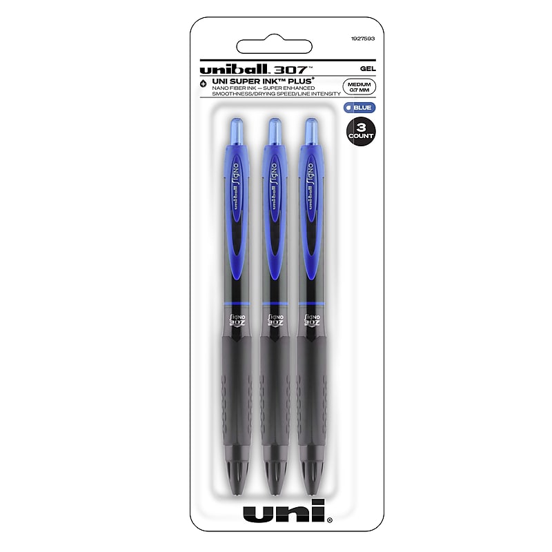 uniball 307 Retractable Gel Pens, Medium Point, 0.7mm, Blue Ink, 3/Pack (1927593) image 1