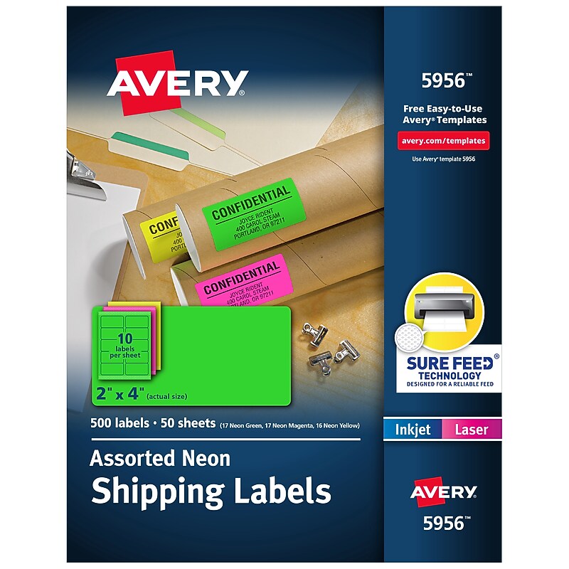 Avery Sure Feed Laser Shipping Labels, 2"x 4", Assorted Neon, 500 Labels/Box (5956) image 1