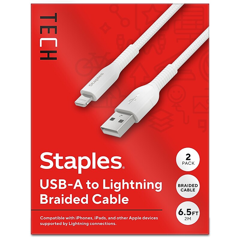 Staples TECH Lightning to USB-A Charging Cable, 6.6 ft., White, 2/Pack (ST62319) image 1