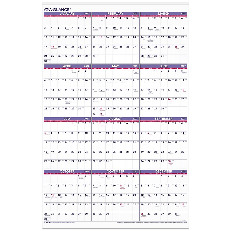 2027 AT-A-GLANCE 24" x 36" Yearly Wall Calendar, White/Purple (PM12-28-27) image 1