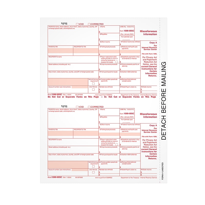 Adams Employee's Copies Cut Sheet 2025 1099-MISC Tax Form, 5-Part, Copy A, 50/Pack (LMISCFED-S) image 1
