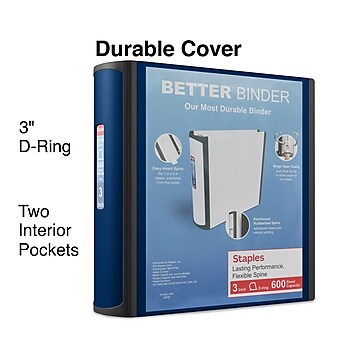 Staples Heavy Duty 3" 3-Ring Better Binder, D-Ring, Navy Blue (15127-CC)
