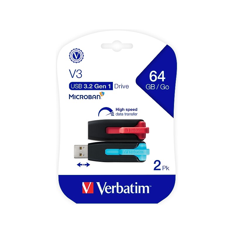 Verbatim Store 'n' Go 64GB USB 3.2 Gen 1 Flash Drives, Red/Blue, 2/Pack (70899) image 1