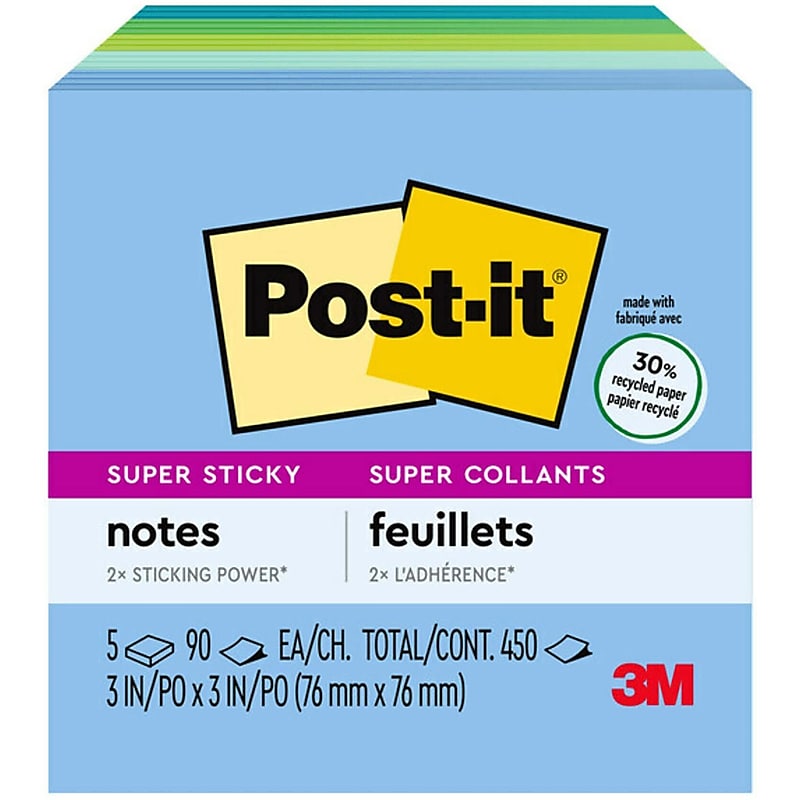 Post-it Recycled Super Sticky Notes, 3" x 3", Oasis Collection, 90 Sheet/Pad, 5 Pads/Pack (654-5SST) image 1