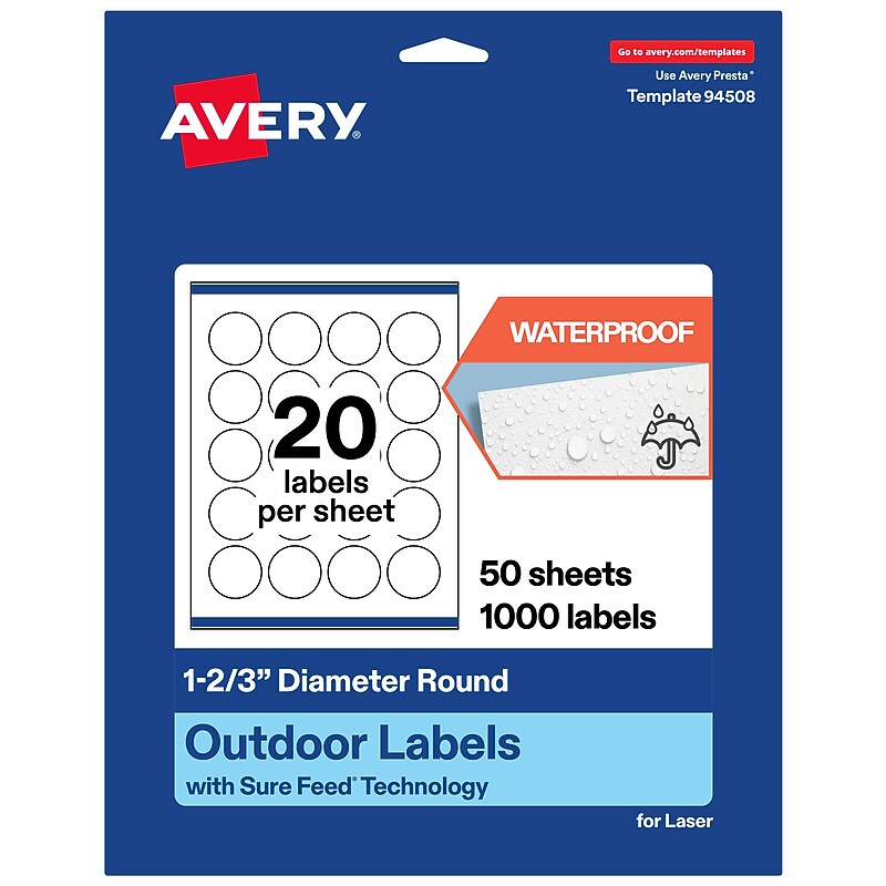 Avery Waterproof Round Laser Multipurpose Labels, 1-2/3" Dia., White, 1000/Box (19479399434) image 1