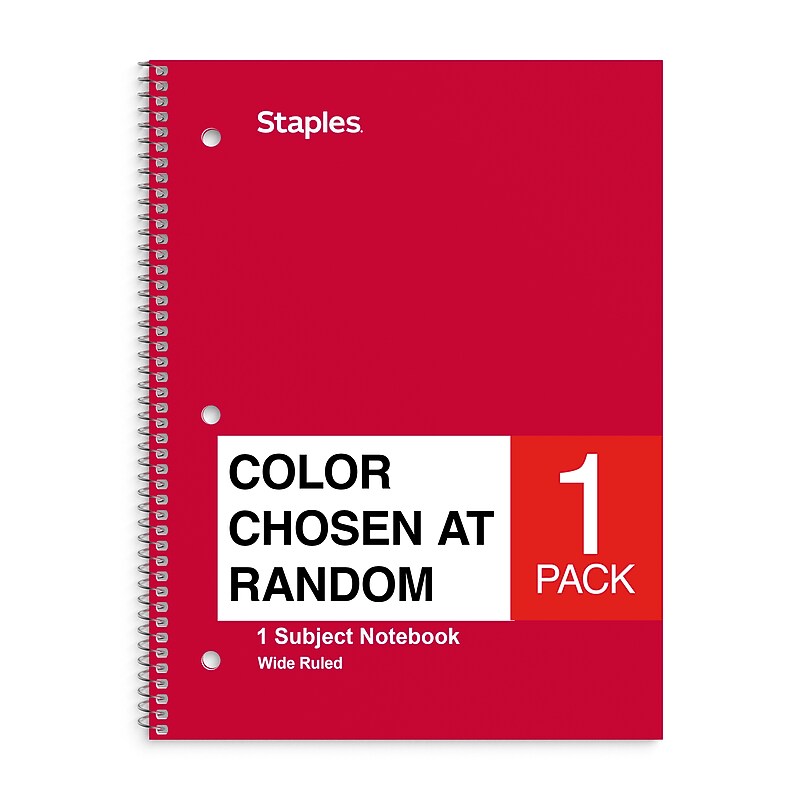 Staples® 1-Subject Notebook, 8" x 10.5", Wide Ruled, 70 Sheets, Color chosen at random (54895B/27615) image 1