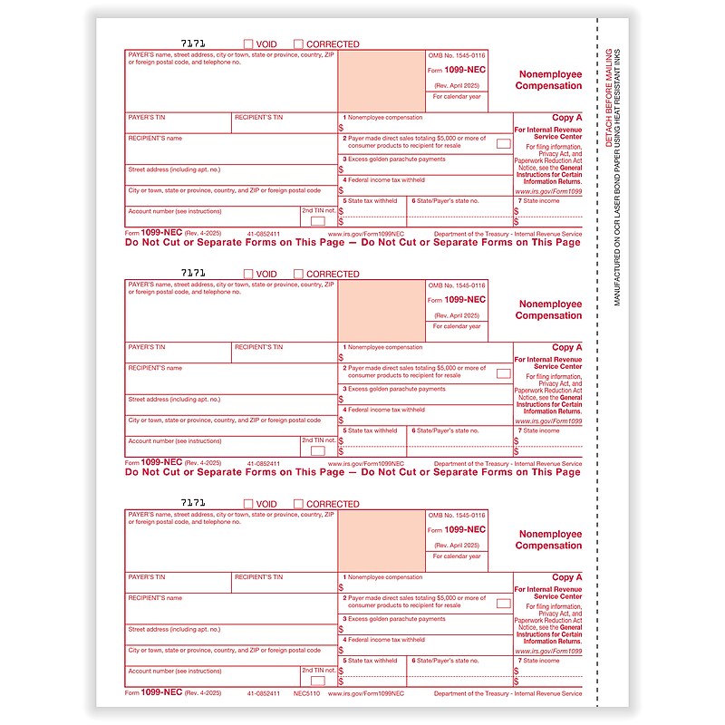 ComplyRight 2025 1099-NEC Tax Form, 1-Part, 3-Up, Federal Copy A, 50/Pack (NEC511050) image 1