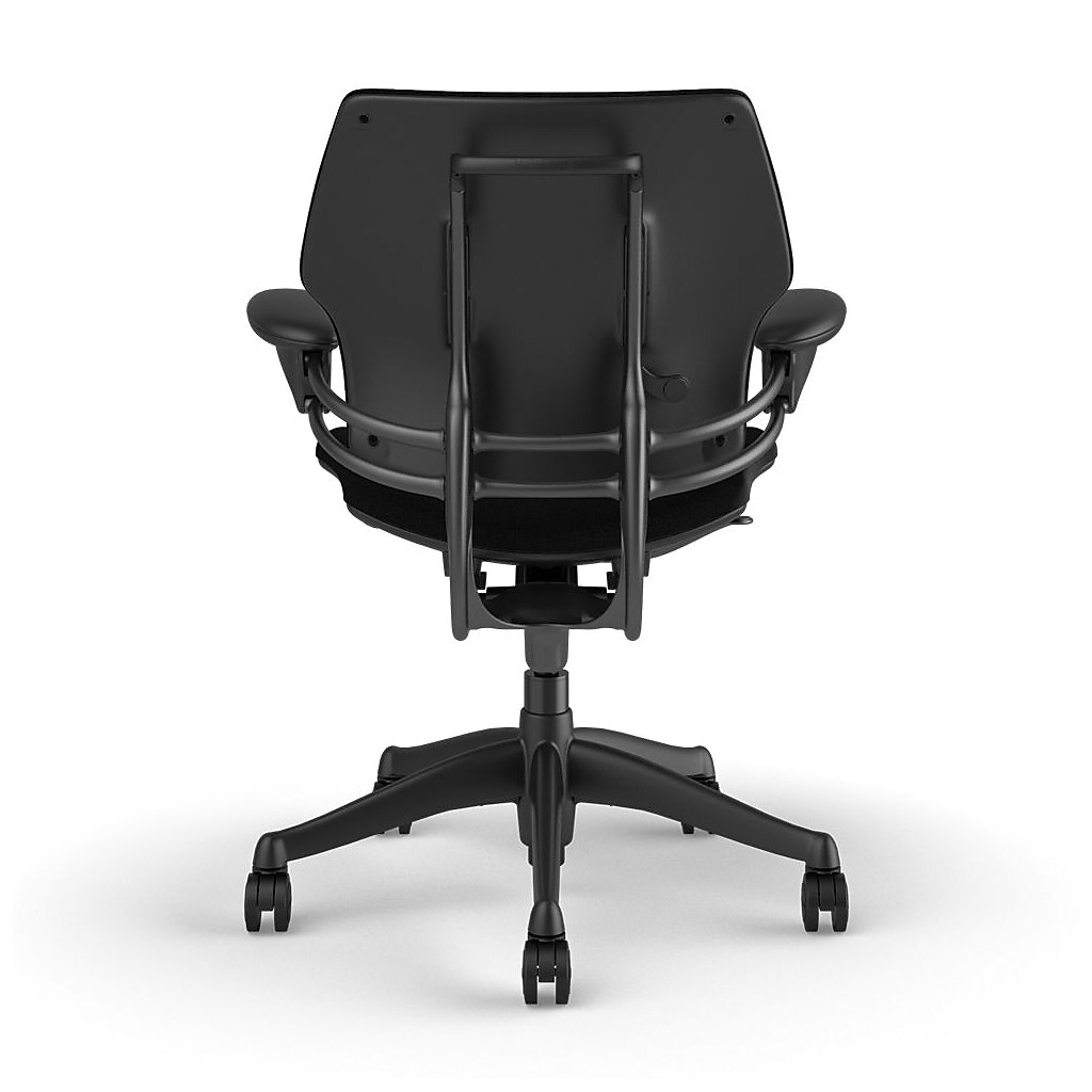 Rear-right view of black fabric task chair showing base and wheels