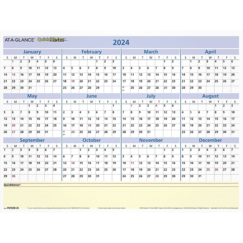 2024 AT-A-GLANCE QuickNotes 16" x 12" Yearly Wet-Erase Wall Calendar, Reversible (PM550B-28-24) image 1