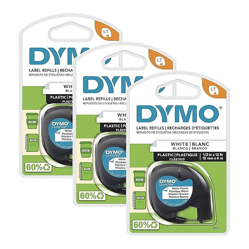 DYMO LT Plastic Labels for LetraTag Label Makers, Black Print on White Labels, 1/2-Inch x 13-Foot Rolls, 3 Count, (2156092) image 1