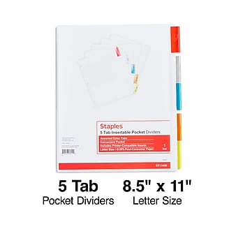 Staples Insertable Paper Pocket Dividers, Assorted Color 5-Tab, White (13496/11270)