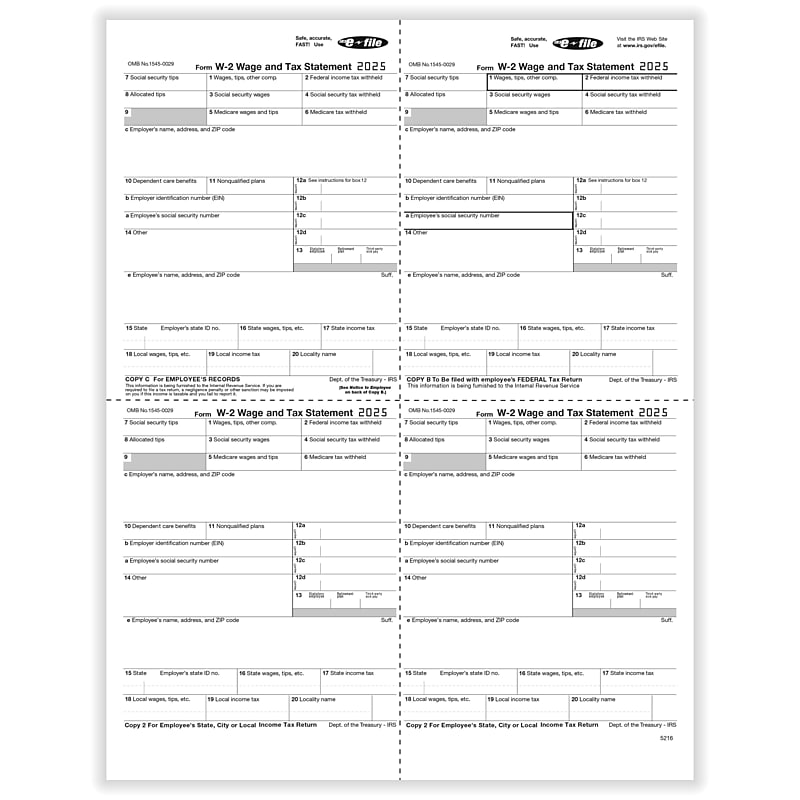 ComplyRight 2025 W-2 Tax Form, 1-Part, 4-Up, 50/Pack (521650) image 1