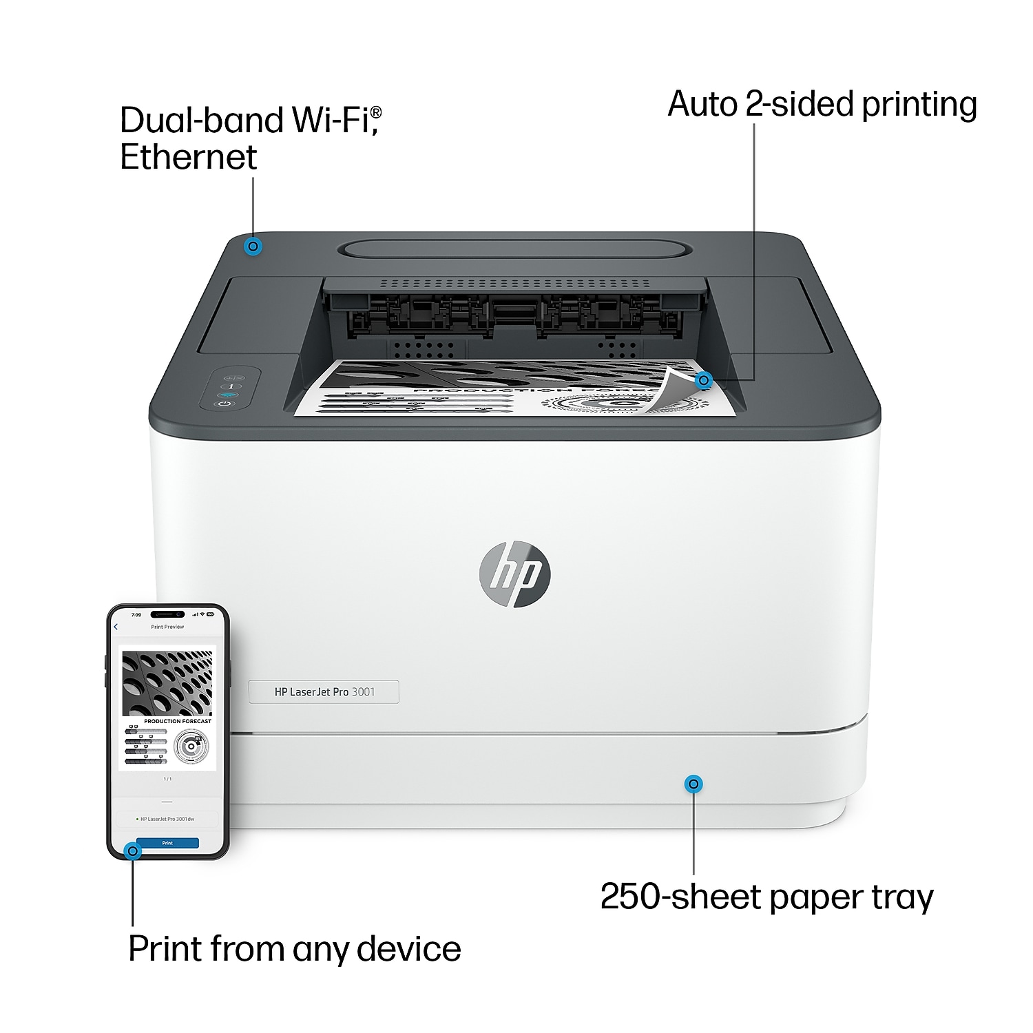HP LaserJet Pro 3001dw Wireless Black & White Laser Printer Print Only Print - Picture 2 of 9