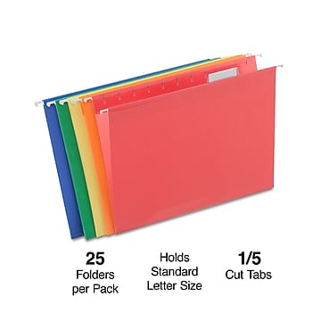 Staples Reinforced Hanging File Folders, 1/5-Cut Tab, Letter Size, Assorted Colors, 25/Box (ST18654-CC)