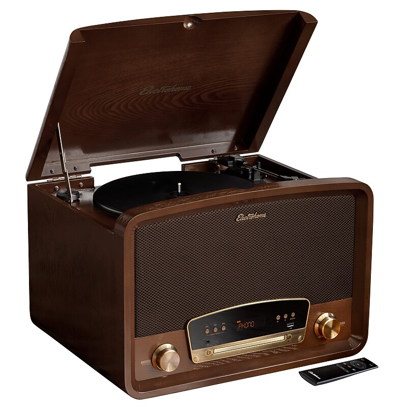 Electrohome Kingston Vintage Vinyl Record Player Stereo System, Turntable/Bluetooth/Radio/CD/Aux/USB/Vinyl to MP3, Walnut image 1