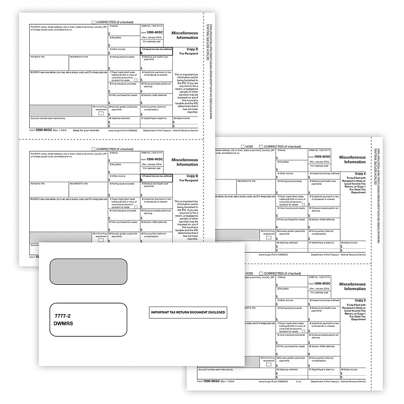 ComplyRight 2024 1099-MISC Tax Form Envelopes and Recipient Copy Only, 3-Part, 2-Up, Copy B, C/2, 25/Pack (6113E25) image 1