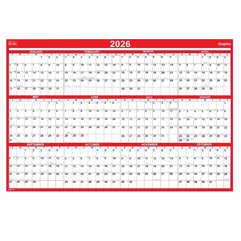 2026 Staples 32" x 48" Yearly Dry Erase Wall Calendar, White/Red (ST56781-26) image 1